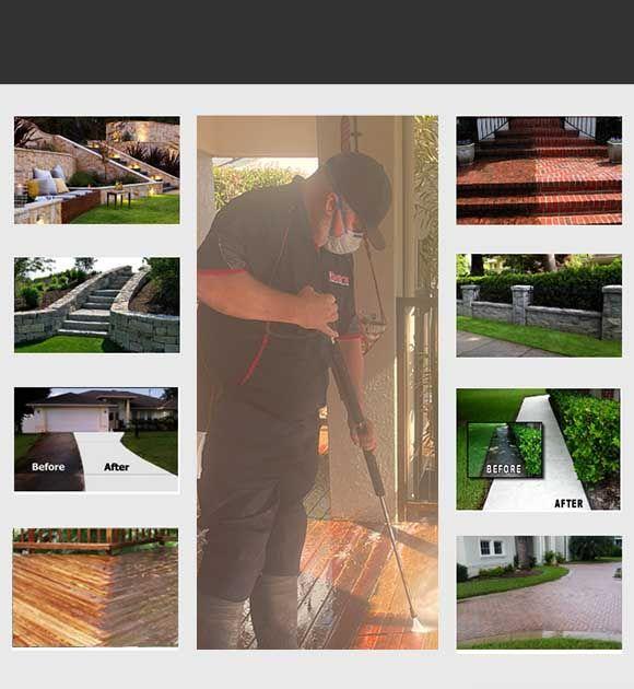 Image Grid has 9 Images of Pressure Cleaning including Before, After, and During Photos.